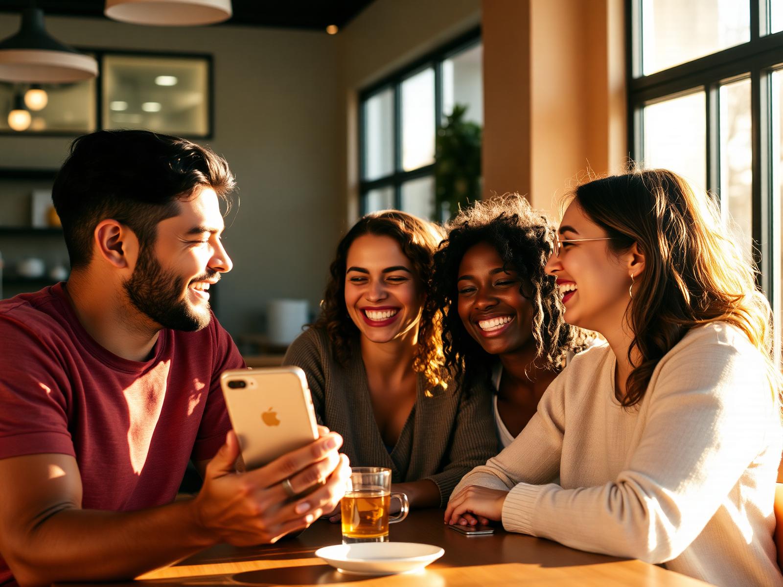 Friends sharing the THRIVE app at a sunlit coffee shop